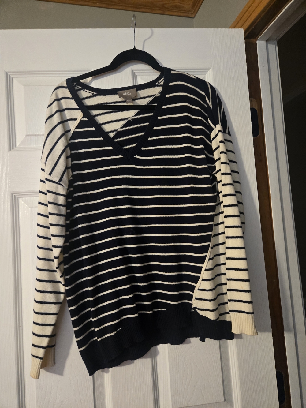 Striped V-Neck Sweater in Navy and Cream by Motto